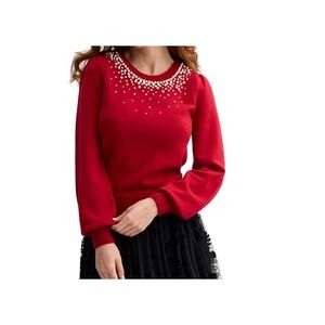 Draper James XXL Red Pearl Embellished Sweater Puff Sleeve Crew Neck Knit